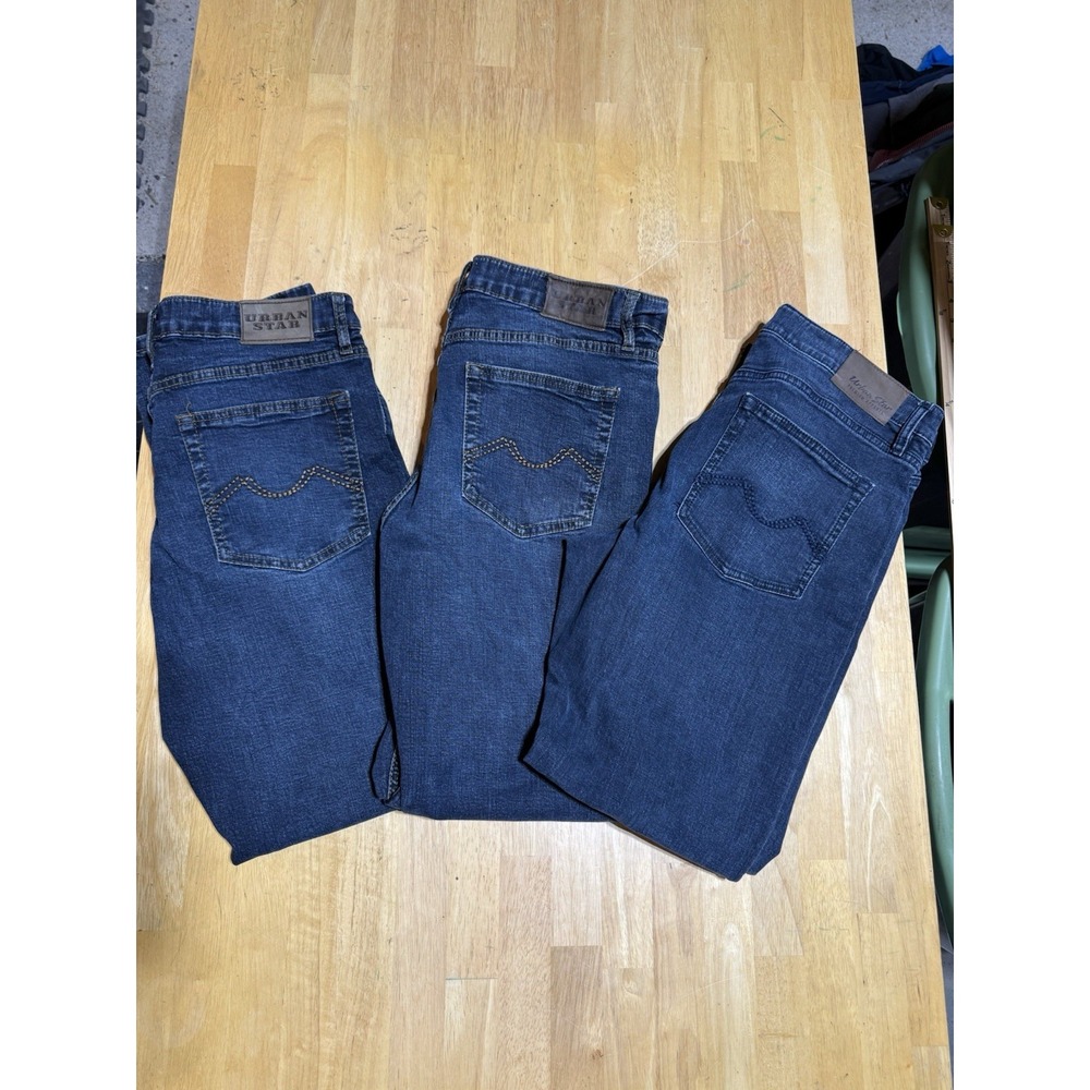 3 Pair Lot Urban Star Mens Jeans 34x32 Blue Stretch Relaxed Straight Leg